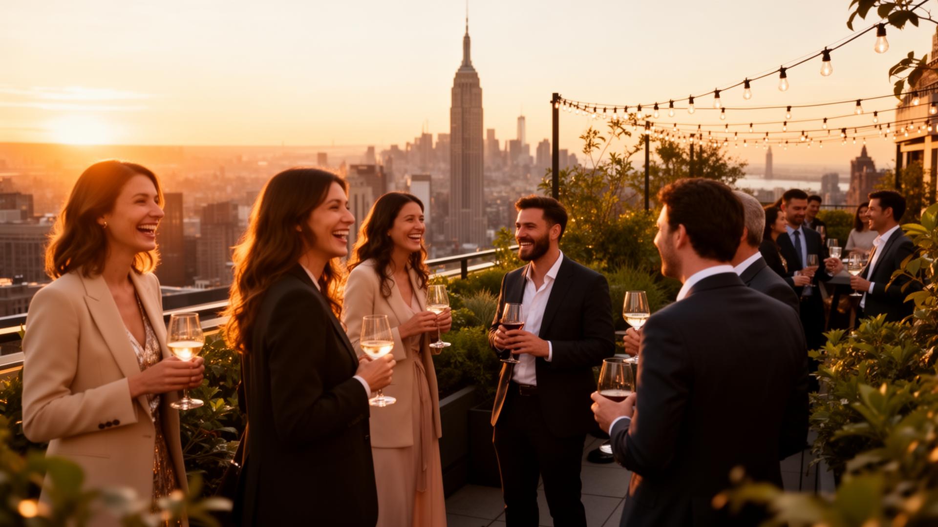 Diverse group of women and men founders networking at a Manhattan rooftop sunset with the NYC skyline